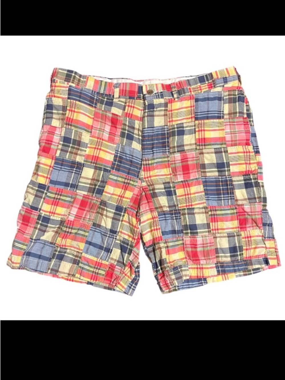 Lands Ends Madras Plaid Patchwork Cotton Mens 8 Inch Inseam Bermuda Shorts 38